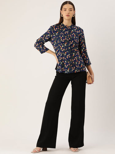 Floral Print Mandarin Collar Shirt Style Top - RueCollections